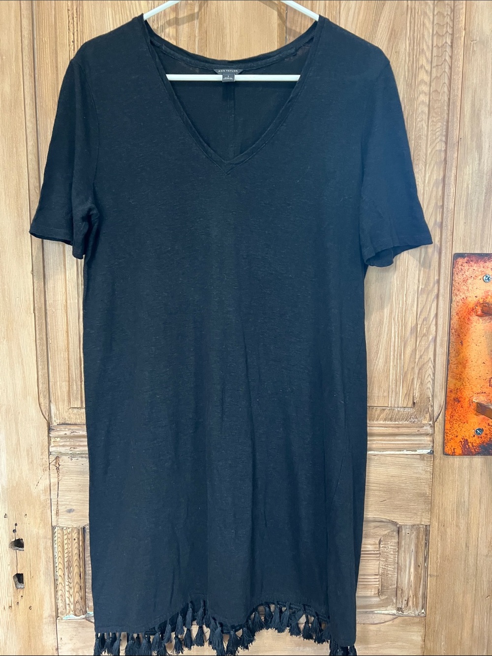 Ann Taylor Black V-Neck Tassel Hem Mini Dress